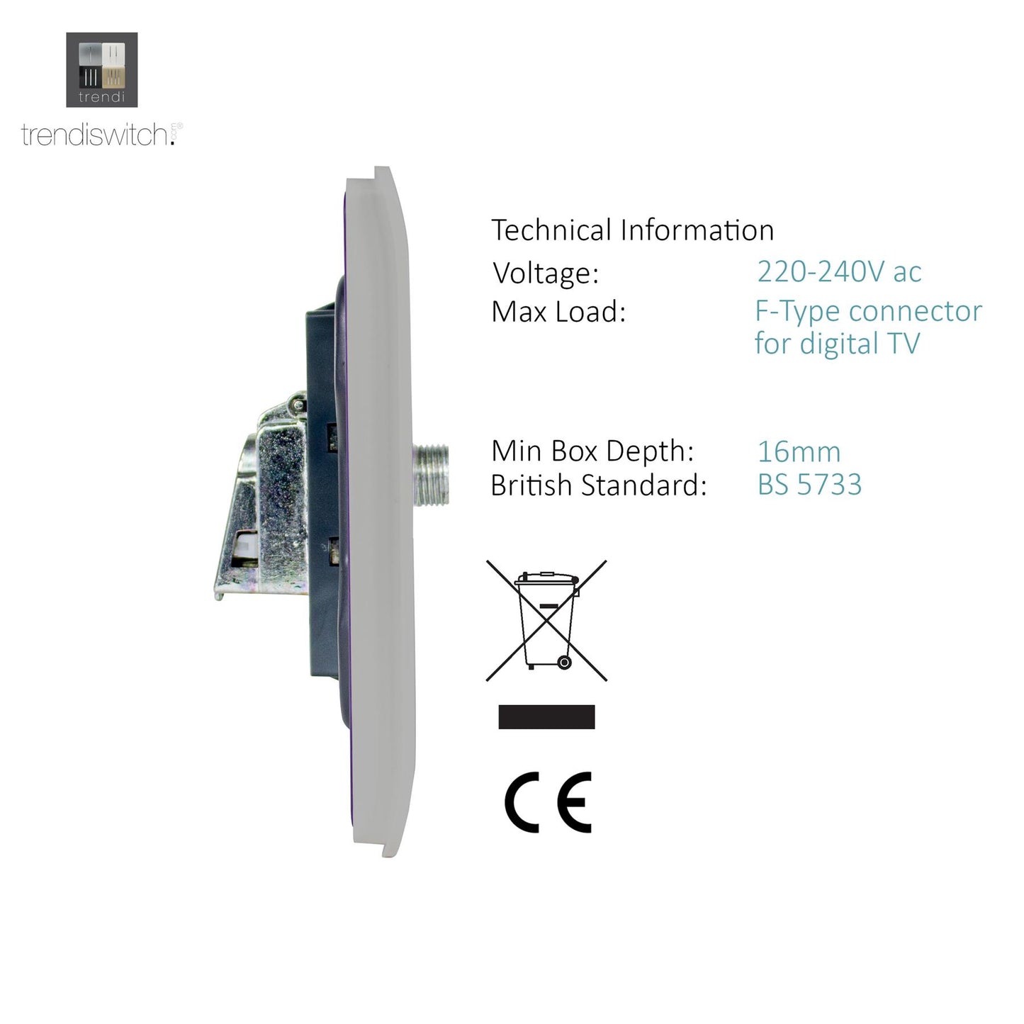 Trendi Switch Light Grey TV Coaxial & F-Type Satellite Socket - Screwless
