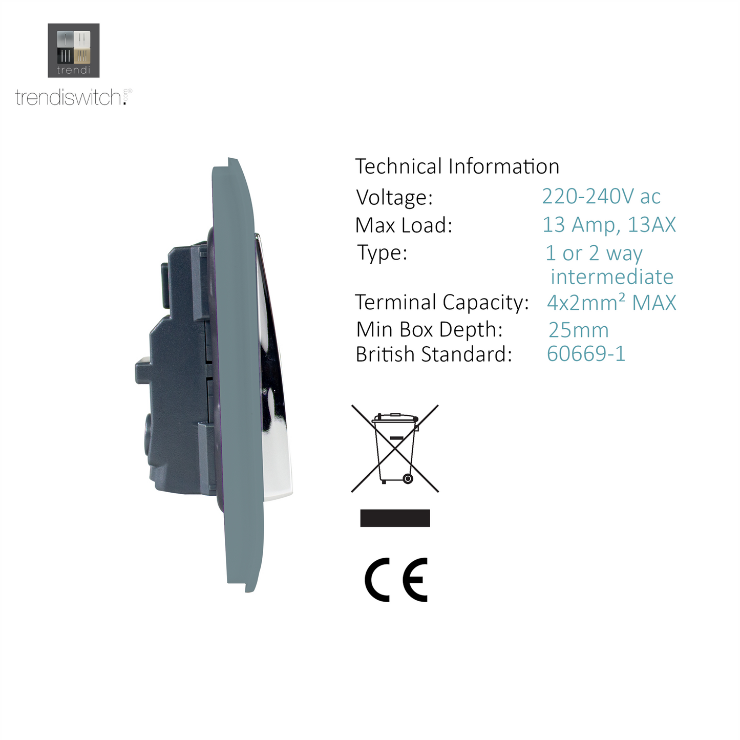 Trendi 2 Gang Artistic Modern Glossy 13 Amp Switched  Plug Socket Cool Grey  (3 Pack)
