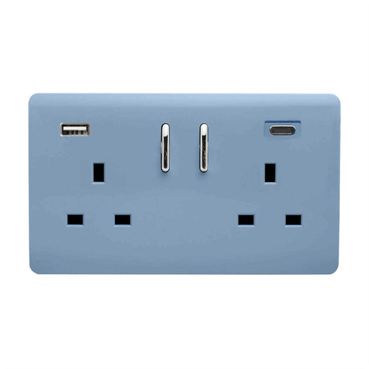 Trendi 2 Gang Artistic Modern Glossy 13 Amp 2 x Type A & C 3100mA USB Switched Plug Socket Sky Blue