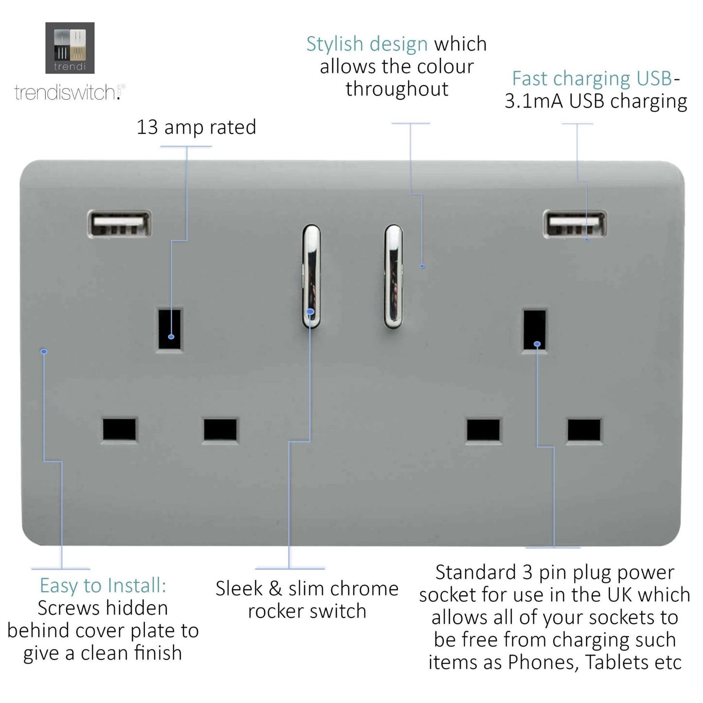 Trendi 2 Gang Artistic Modern Glossy 13 Amp 2 x 3.1mA USB Switched Plug Socket Silver