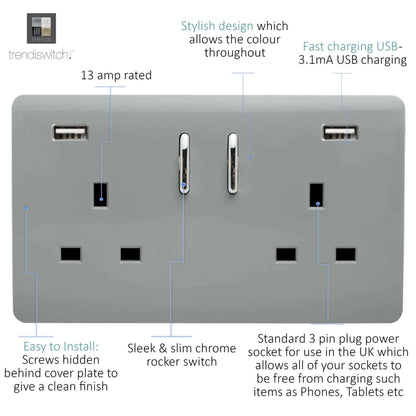Trendi 2 Gang Artistic Modern Glossy 13 Amp 2 x 3.1mA USB Switched Plug Socket Silver