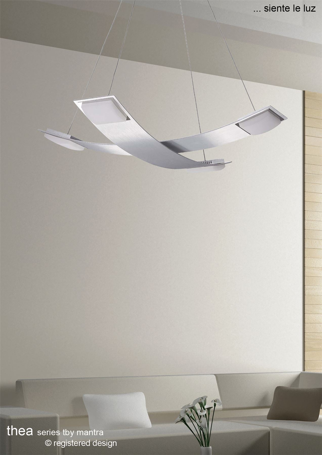 Mantra Fusion Thea Square Pendant 4 Light 28W LED 3000K, 2520lm, Satin Aluminium/Frosted Acrylic, 3yrs Warranty