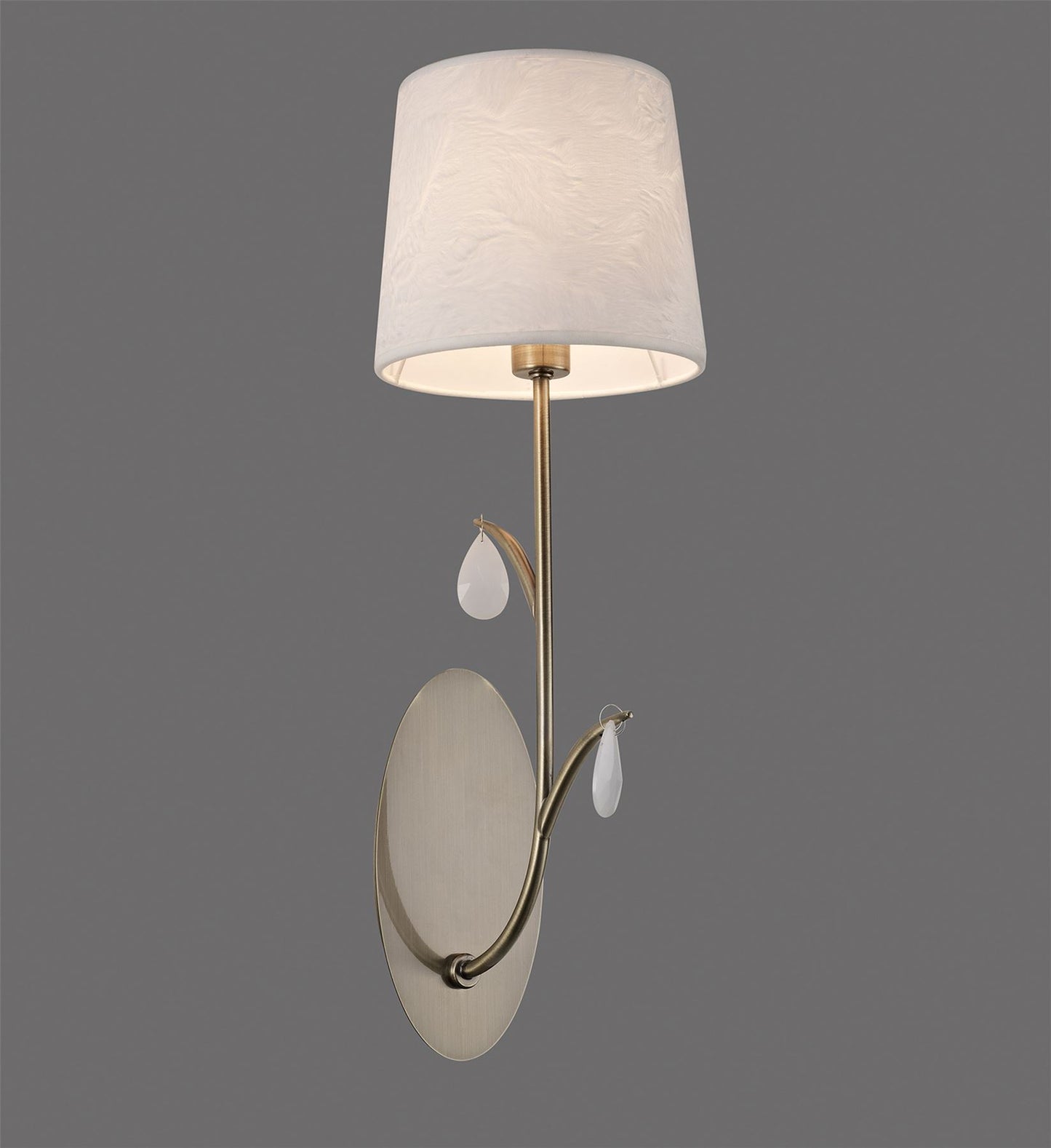 Mantra M6337 Andrea Wall Light, 1 x E14 (Max 20W), Antique Brass, White Shades, White Crystal Droplets