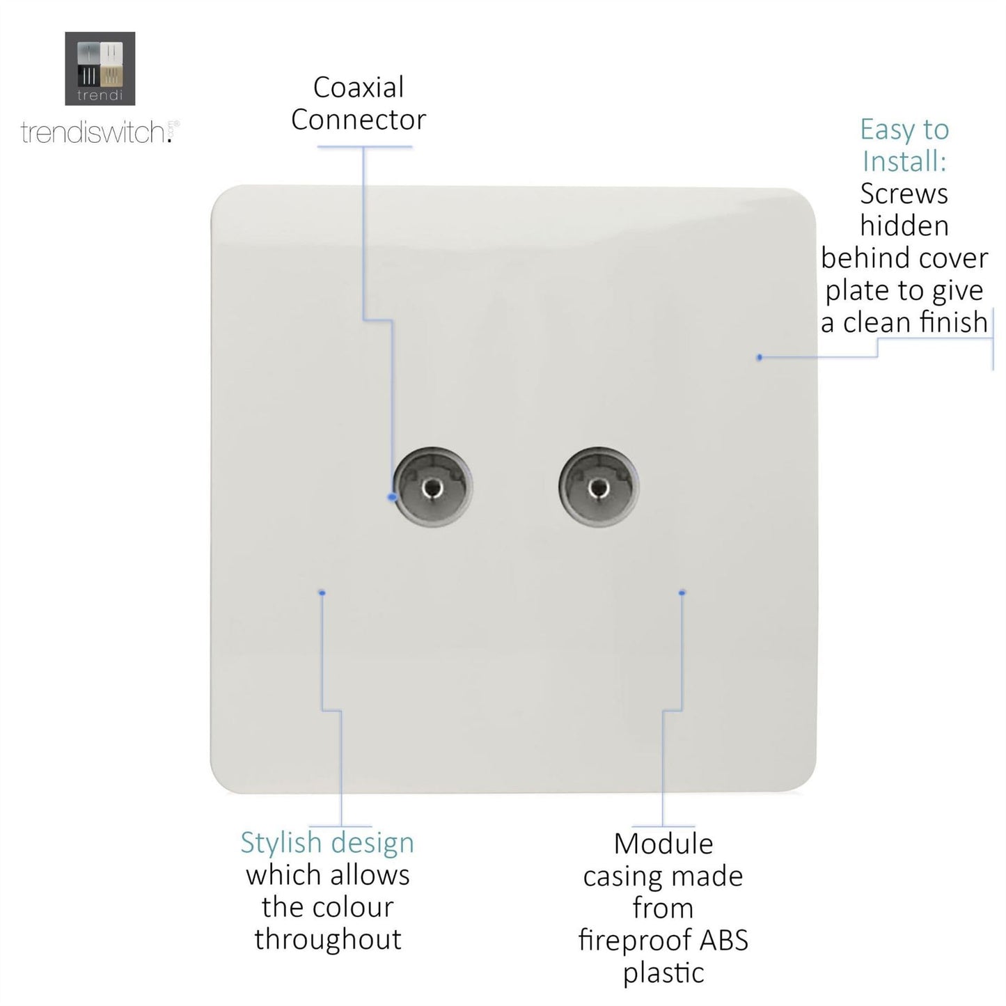 Trendi Artistic Modern Glossy Tactile 2 Gang TV Socket White ART-2TVSWH