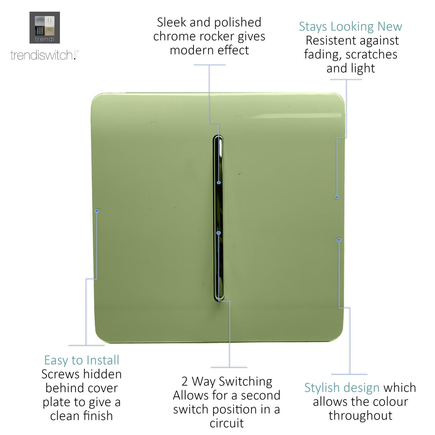 Trendi 1 Gang 2 Way 240V Screwless Artistic Modern Glossy 10 Amp Chrome Rocker Electrical Wall Light Switch in Moss Green (2 pack)