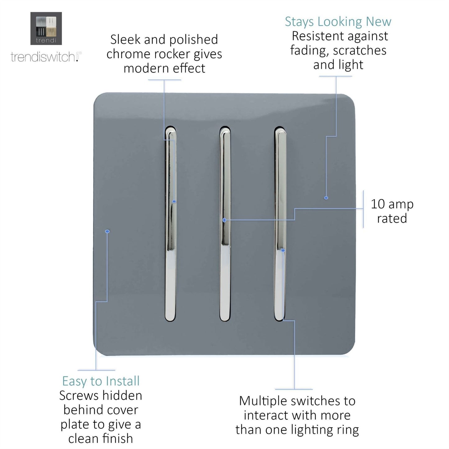 Trendi 3 Gang 2 Way Artistic Modern Glossy 10 Amp Rocker Tactile Light Switch Warm Grey