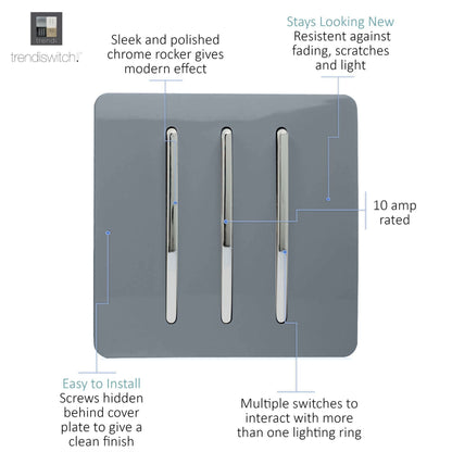 Trendi 3 Gang 2 Way Artistic Modern Glossy 10 Amp Rocker Tactile Light Switch Warm Grey