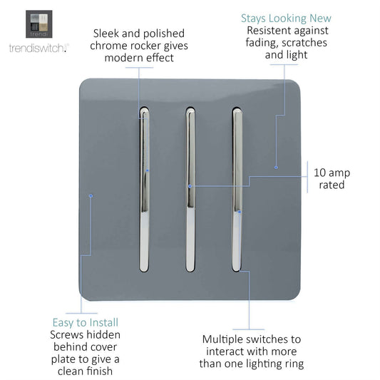 Trendi 3 Gang 2 Way Artistic Modern Glossy 10 Amp Rocker Tactile Light Switch Warm Grey