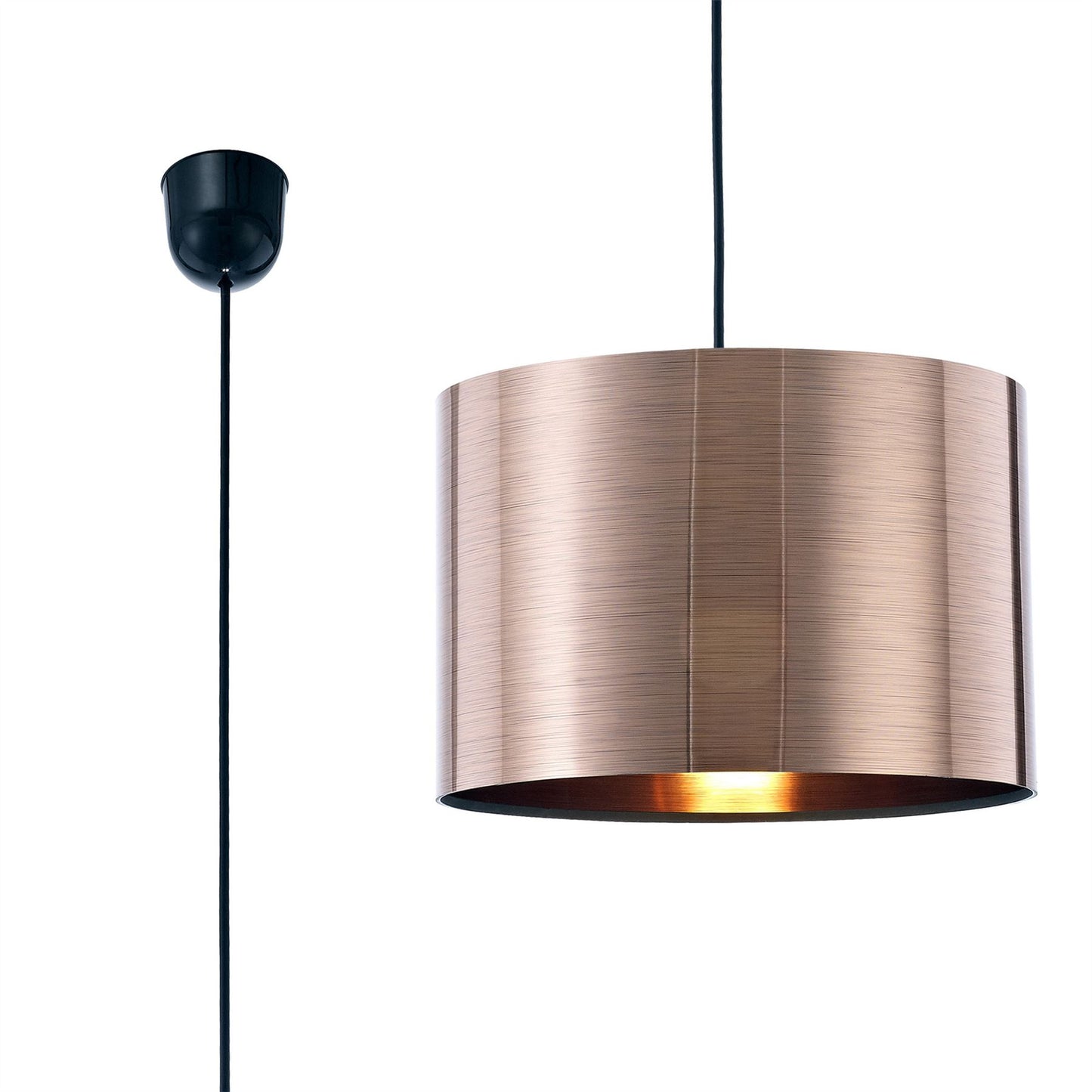 Deco Dako Black Pendant 1 Light E27 with 300 x 200mm Metallic Copper Finish Cylinder Shade, c/w Ceiling Bracket