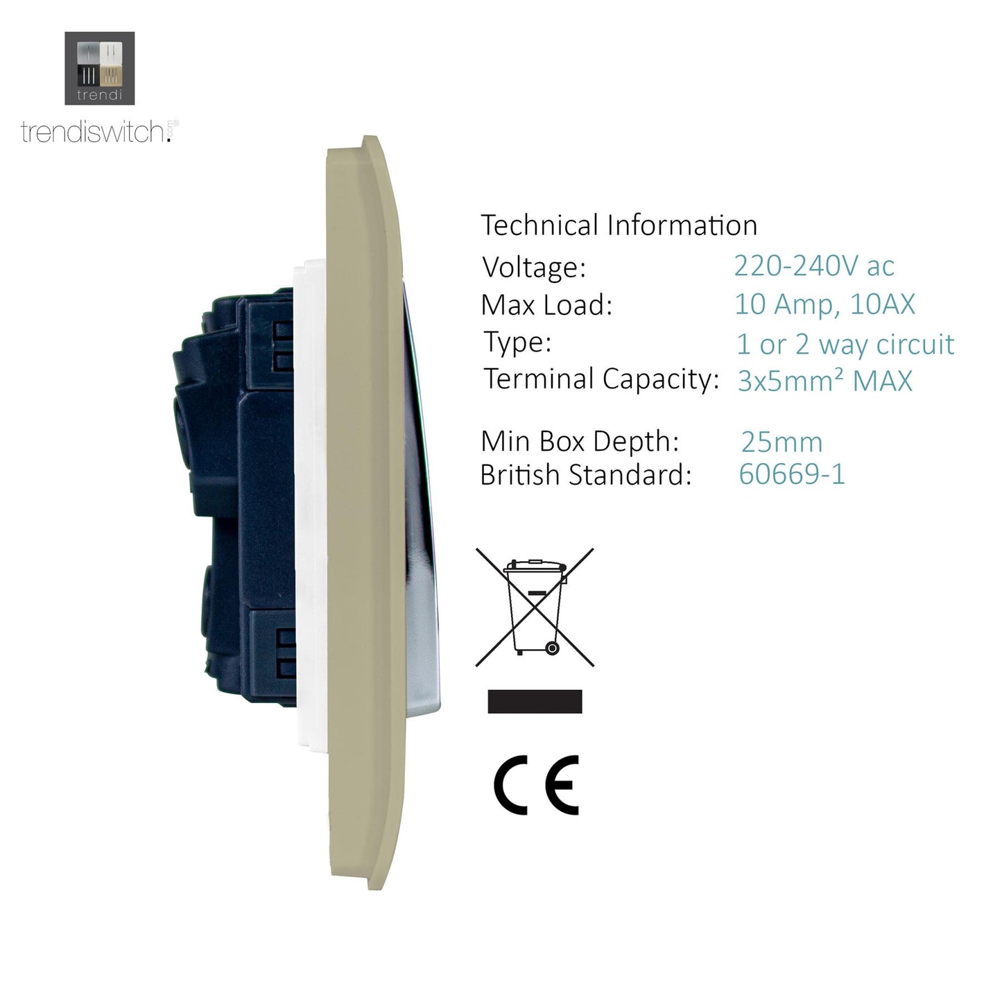 Trendi 1 Gang 2 Way 240V Screwless Artistic Modern Glossy 10 Amp Chrome Rocker Electrical Wall Light Switch in Champagne Gold (2 pack)