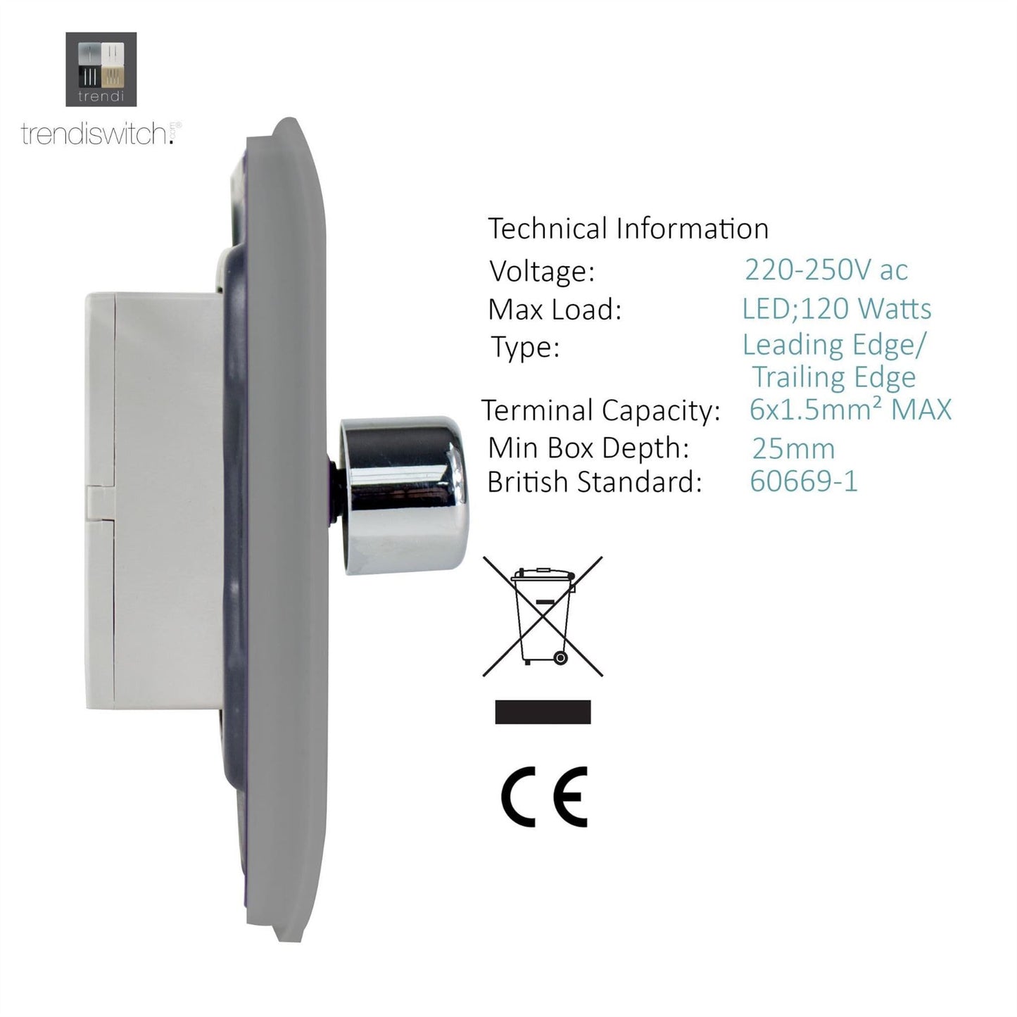 Trendi 1 Gang 2 Way 240V 100w LED Dimmer Screwless Raised Front Plate Plastic Artistic Modern Glossy 10 Amp Chrome Single Electrical Wall Light Switch in Light Grey - ART-LDMLG