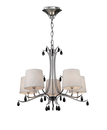 Mantra M6314 Andrea Pendant 81.5cm Round, 5 x E14 (Max 20W), Polished Chrome, White Shades, Black Crystal Droplets