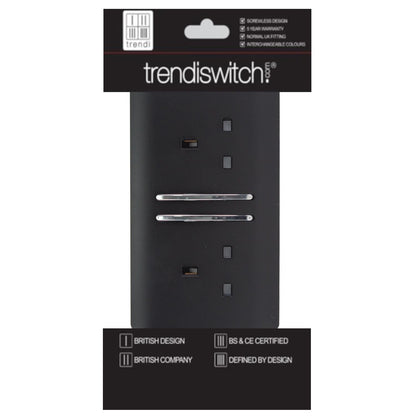 Trendi 2 Gang Artistic Modern Glossy 13 Amp Switched Plug Socket Matt Black (7 Pack)