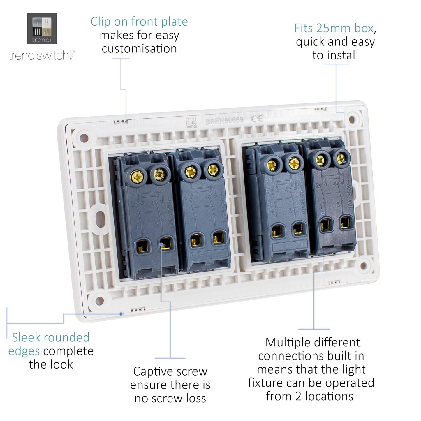 Trendi 4 Gang 3 Way Intermediate 10 Amp Rocker Light Switch Matt White - ART-SS9999MWH