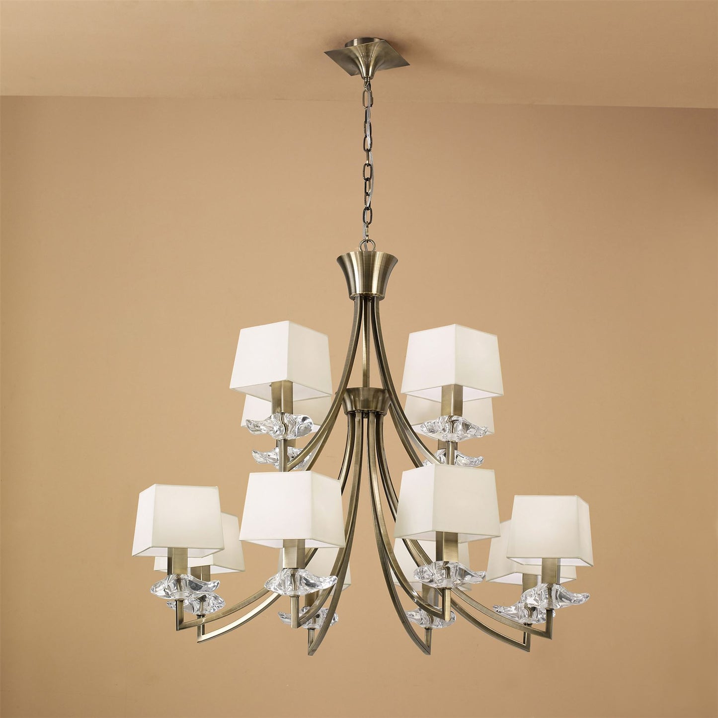 Mantra Akira 90cm Pendant 2 Tier 12 Light E14, Antique Brass with Cream Shades