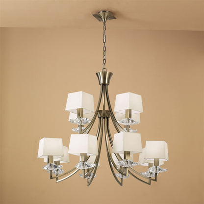 Mantra Akira 90cm Pendant 2 Tier 12 Light E14, Antique Brass with Cream Shades