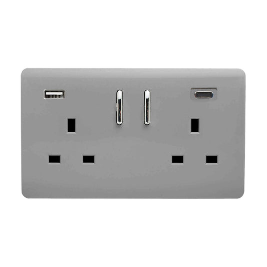 Light Grey Screwless 2 Gang Switched Double Socket 13A With 1 x USB-A & 1 x USB-C 65W (Shared), (35mm Back Box Req.), 10yrs Warranty