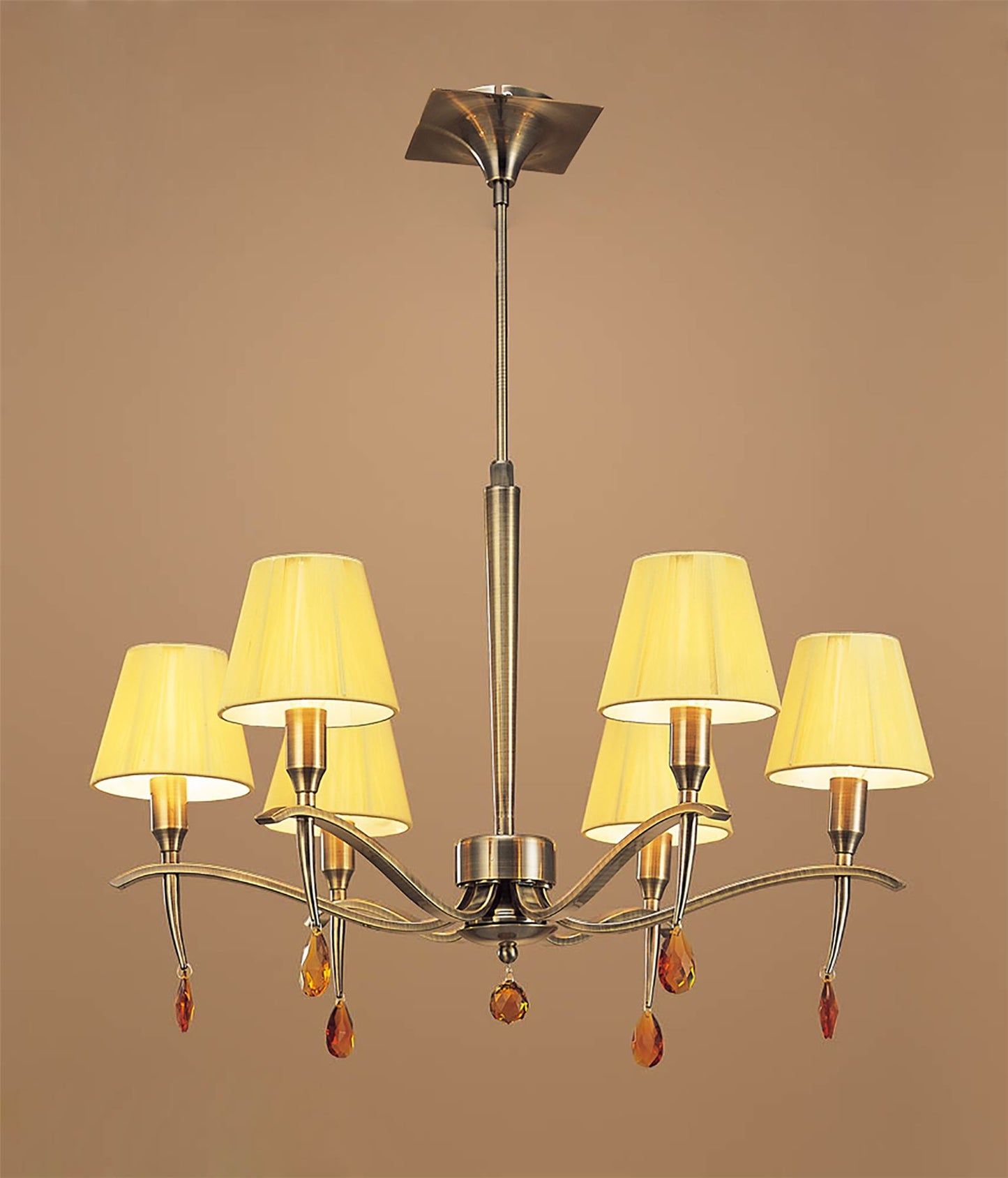 Mantra Siena 63cm Pendant Round 6 Light E14, Antique Brass with Amber Cream Shades and Amber Crystal
