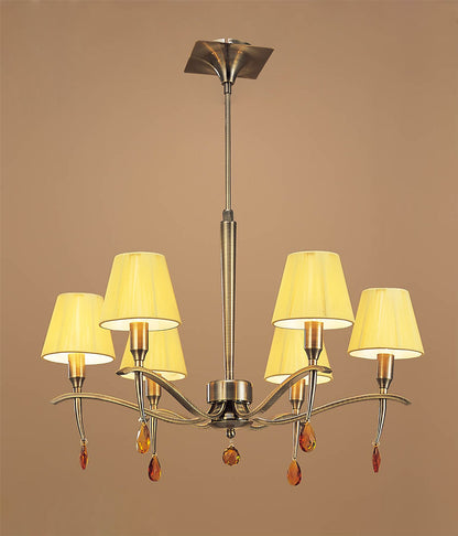 Mantra Siena 63cm Pendant Round 6 Light E14, Antique Brass with Amber Cream Shades and Amber Crystal