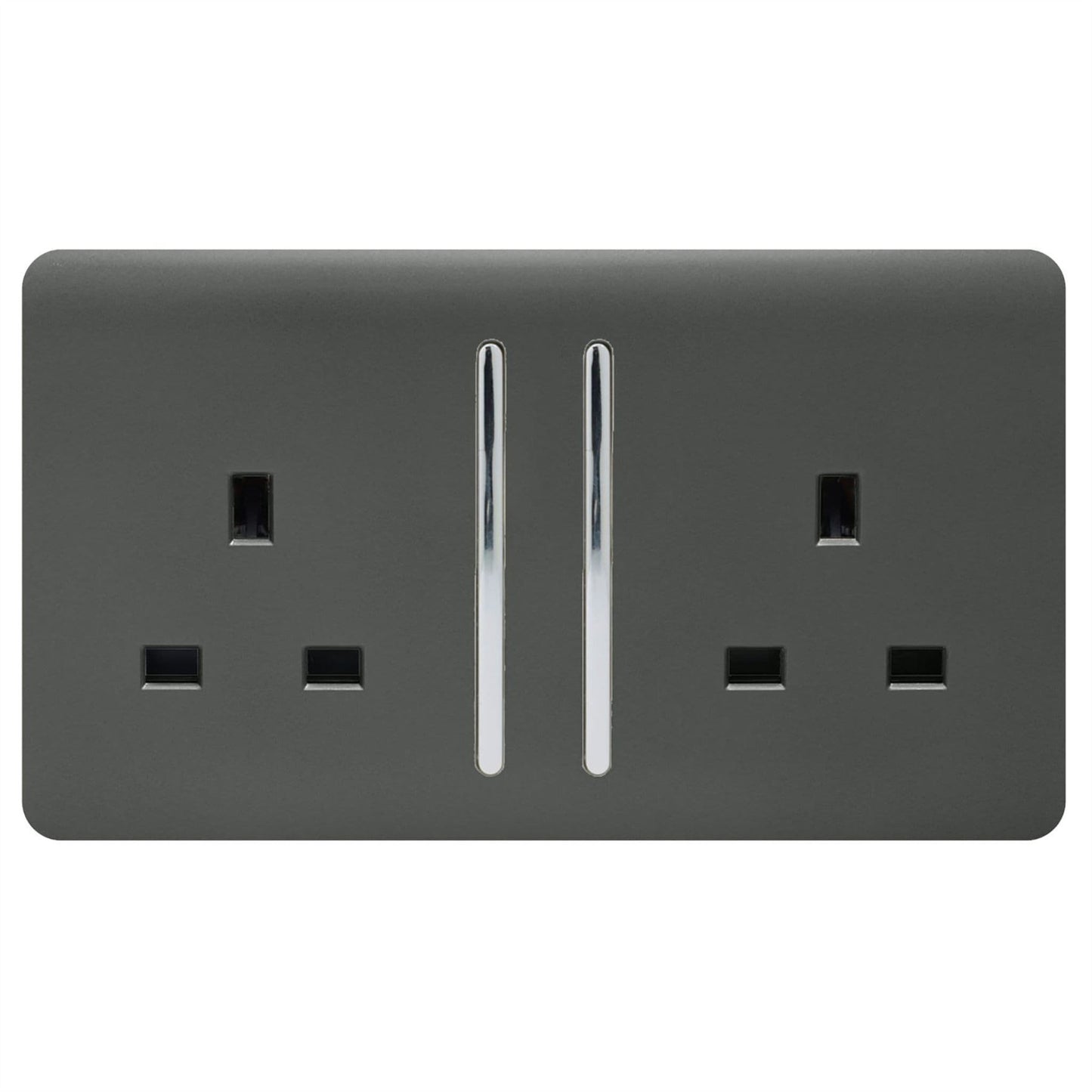 Trendi 2 Gang Raised Artistic Modern Glossy Screwless 13 Amp Single Pole with Chrome Switched UK Standard Electrical Double Wall Plug Socket in Charcoal Grey - ART-SKT213LCH
