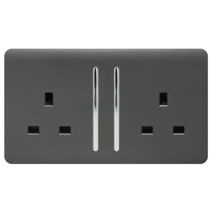 Trendi 2 Gang Raised Artistic Modern Glossy Screwless 13 Amp Single Pole with Chrome Switched UK Standard Electrical Double Wall Plug Socket in Charcoal Grey - ART-SKT213LCH