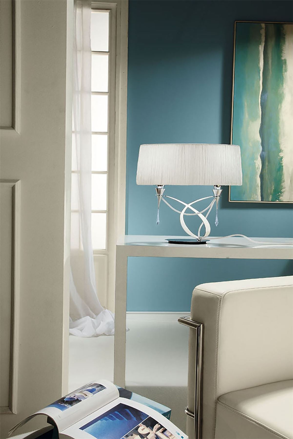 Mantra Lucca Crystal Table Lamp 2 Light E27 Small, Polished Chrome with White Shade & Clear Crystal