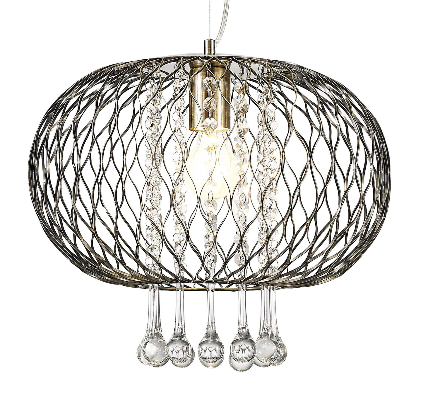 Diyas Chelsie 38cm Large  1 Light E27 Antique Brass/Clear Beaded Glass Ceiling Pendant Light Fitting