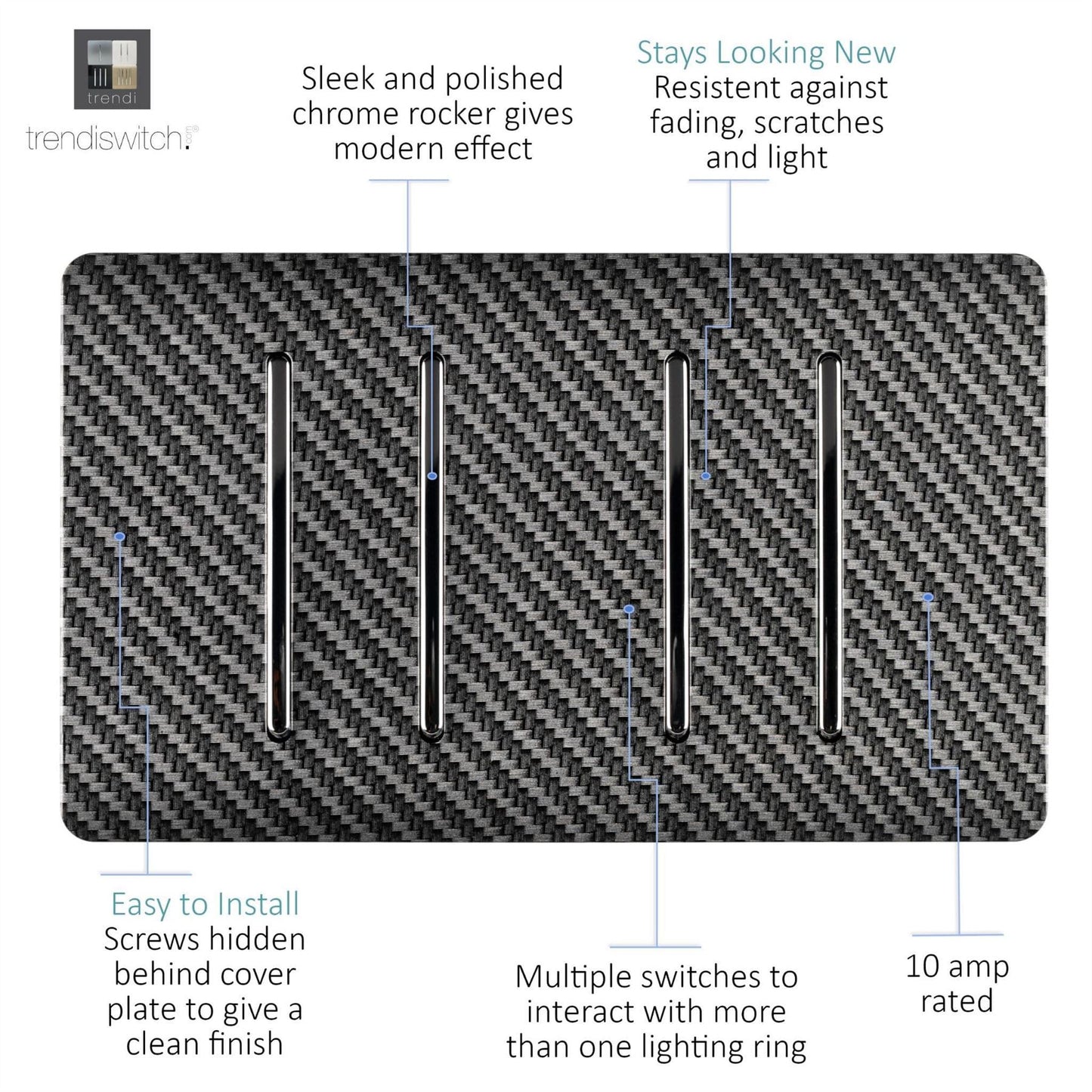 Trendi Switch 4 Gang Modern Designer Light Switch (3x 1 or 2 Way & 1 x Intermediate) in Carbon Fibre