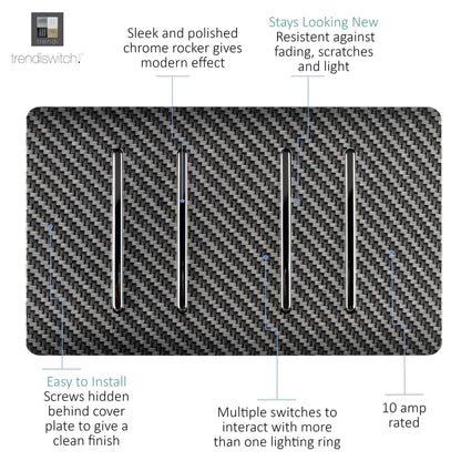 Trendi Switch 4 Gang Modern Designer Light Switch (3x 1 or 2 Way & 1 x Intermediate) in Carbon Fibre