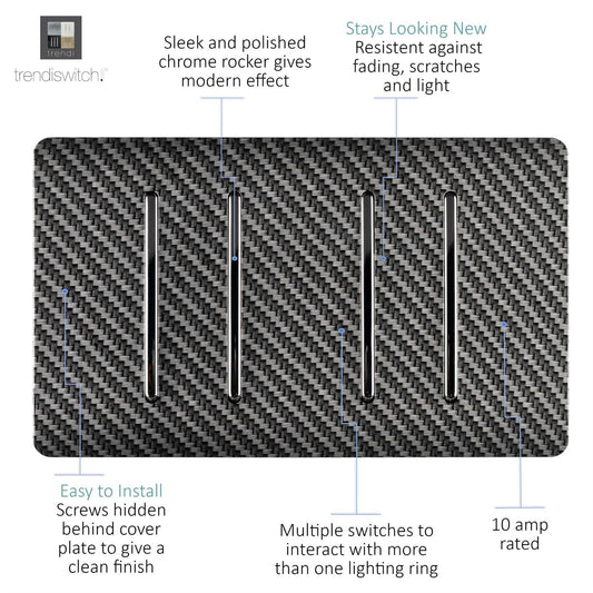 Trendi Switch 4 Gang Modern Designer Light Switch (3x 1 or 2 Way & 1 x Intermediate) in Carbon Fibre