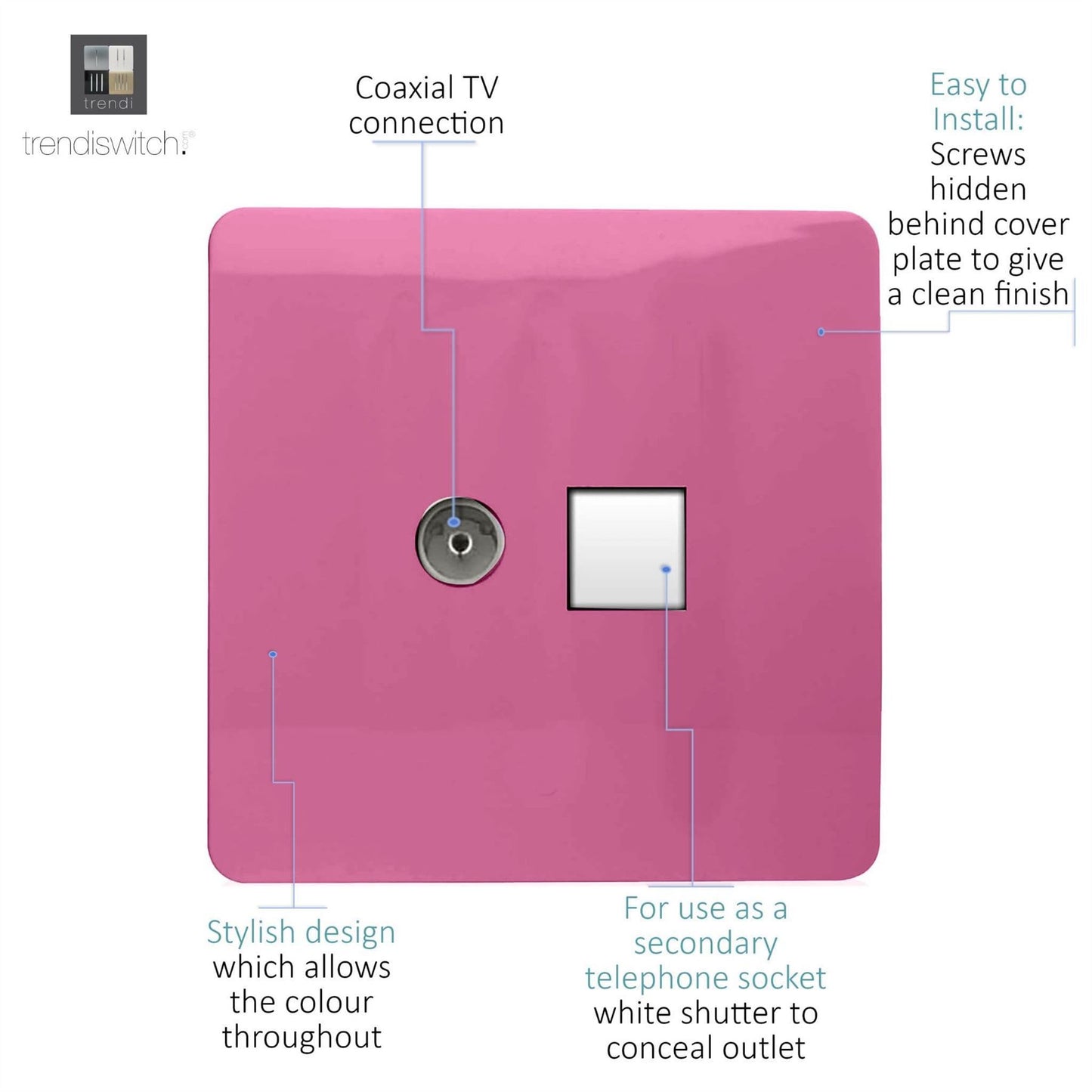 Trendi Artistic Modern Glossy Tactile TV Co-axial Socket + Telephone Socket Pink