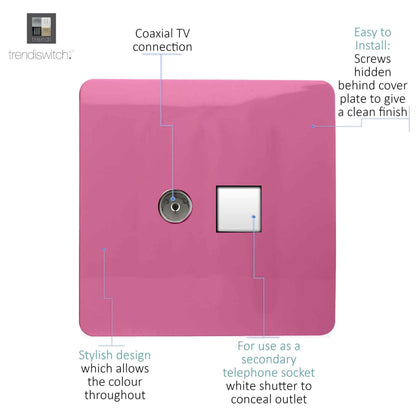 Trendi Artistic Modern Glossy Tactile TV Co-axial Socket + Telephone Socket Pink