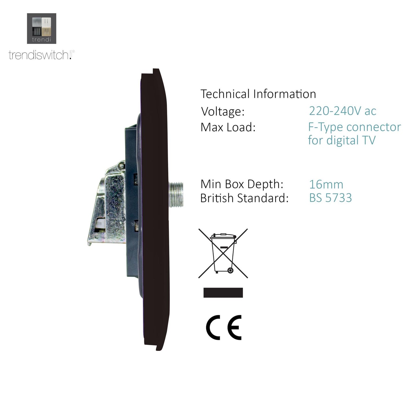 Trendi Switch Dark Mocha Brown TV Coaxial & F-Type Satellite Socket - Screwless