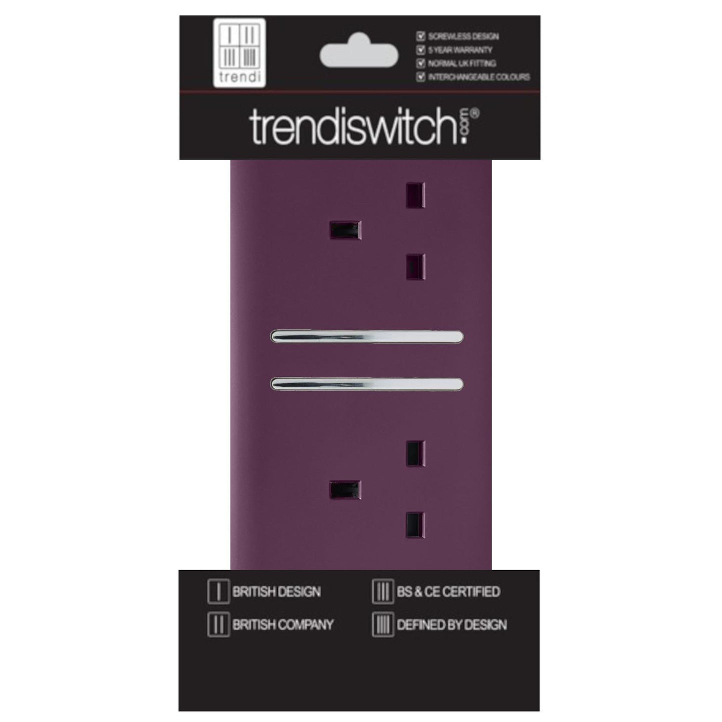 Trendi 2 Gang Artistic Modern Glossy 13 Amp Switched Plug Socket Plum (7 Pack)