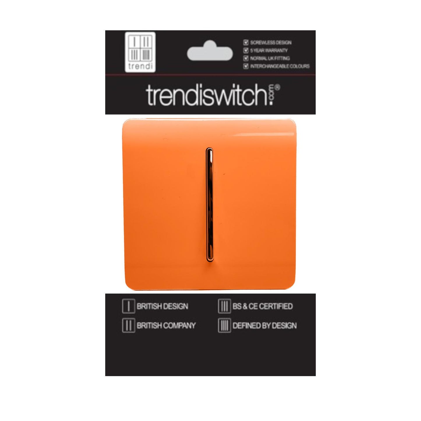 Trendi 1 Gang 2 Way 240V Screwless Artistic Modern Glossy 10 Amp Chrome Rocker Electrical Wall Light Switch in Sunset Orange (3 pack)