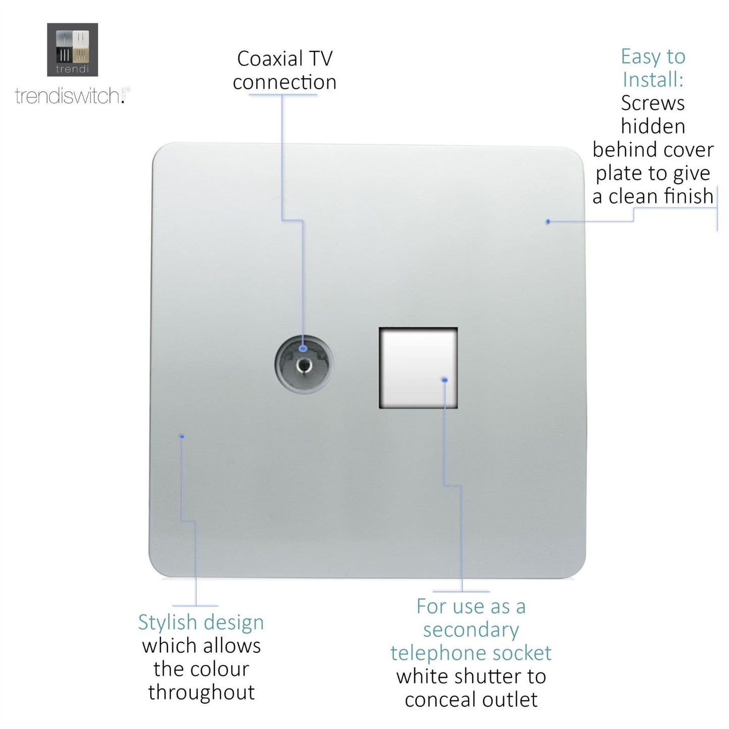 Trendi Modern TV Co-axial Socket + Telephone Socket Silver ART-TLP+TVSI