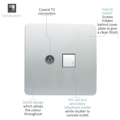 Trendi Modern TV Co-axial Socket + Telephone Socket Silver ART-TLP+TVSI