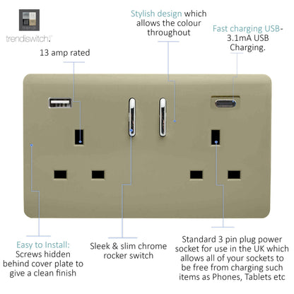 Trendi Switch 2 Gang Type A & C USB 3100mA Modern Designer Plug Socket in Champagne Gold