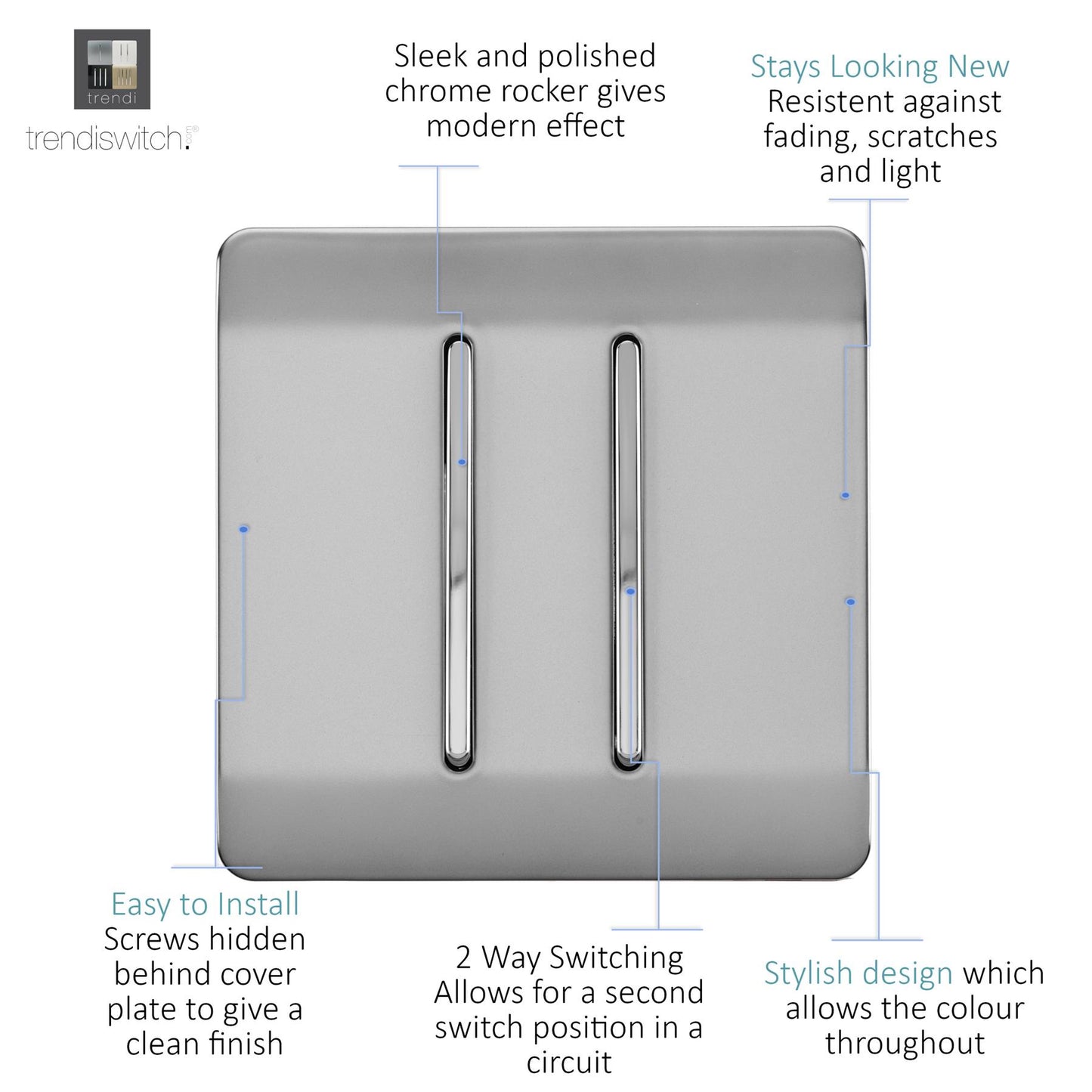 Trendi 2 Gang 2 Way 240V Screwless Artistic Modern Glossy 10 Amp Chrome Rocker Electrical Wall Light Switch in Brushed Steel (2 pack)