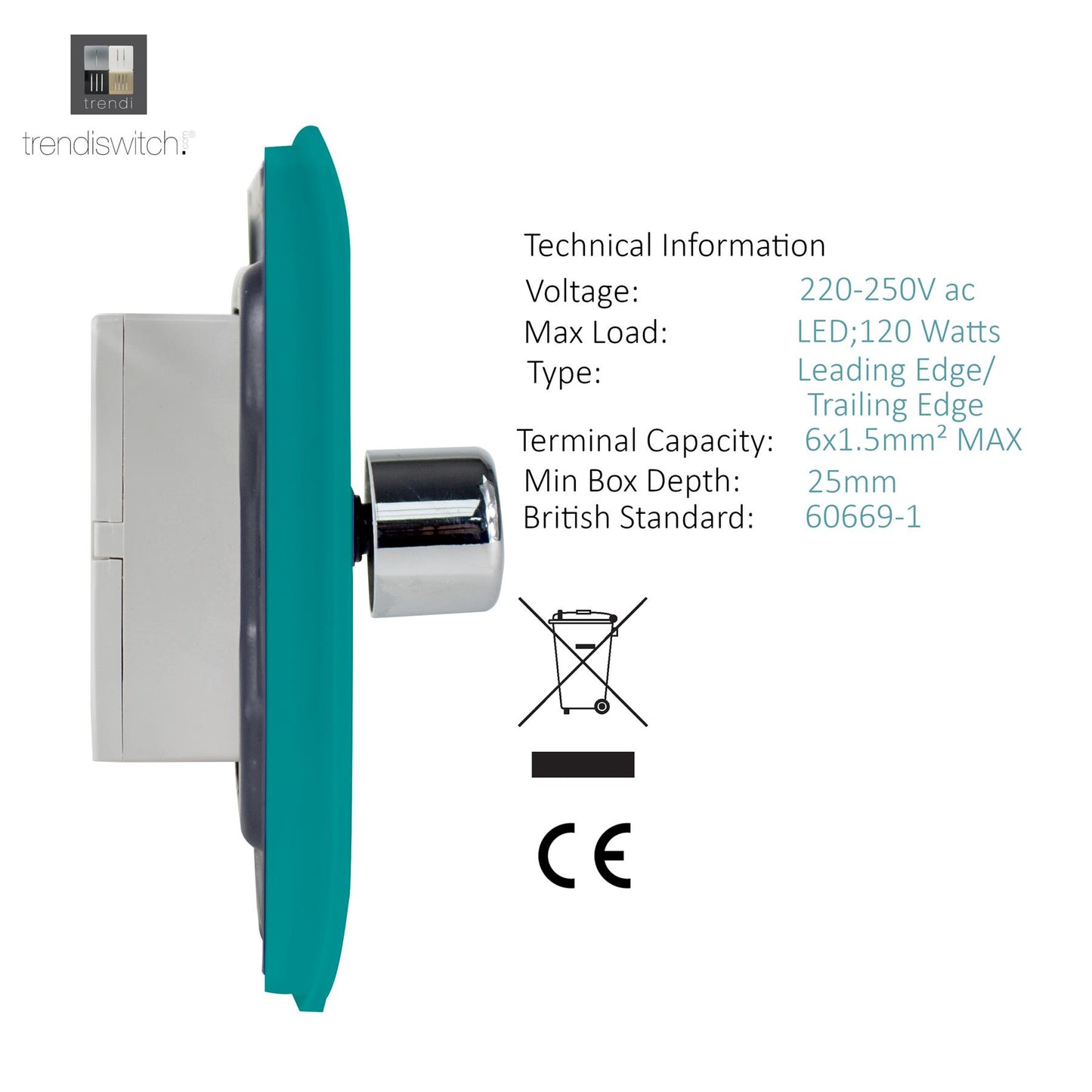 Trendi 4 Gang 2 Way 240V 100w LED Dimmer Screwless Raised Front Plate Plastic Artistic Modern Glossy 10 Amp Chrome Single Electrical Wall Light Switch in Bright Teal - ART-4LDMBT