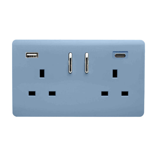 Sky Blue Screwless 2 Gang Switched Double Socket 13A With 1 x USB-A & 1 x USB-C 45W (Shared), (35mm Back Box Req.), 10yrs Warranty