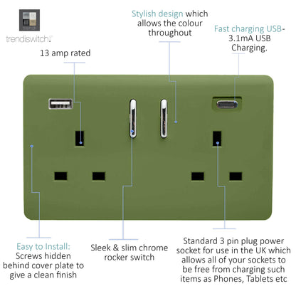 Trendi 2 Gang Artistic Modern Glossy 13 Amp 2 x Type A & C 3100 mA USB Switched Plug Socket Moss Green