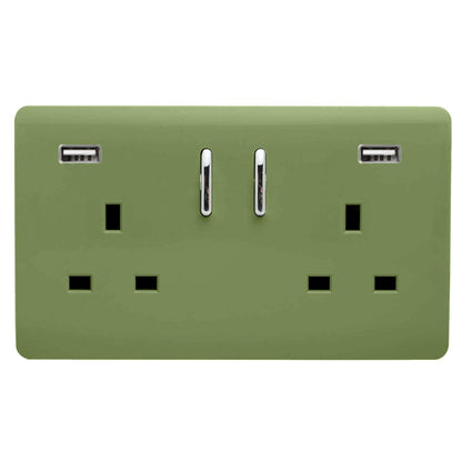 Trendi 2 Gang Artistic Modern Glossy 13 Amp 2 x 3.1mA USB Switched Plug Socket Moss Green