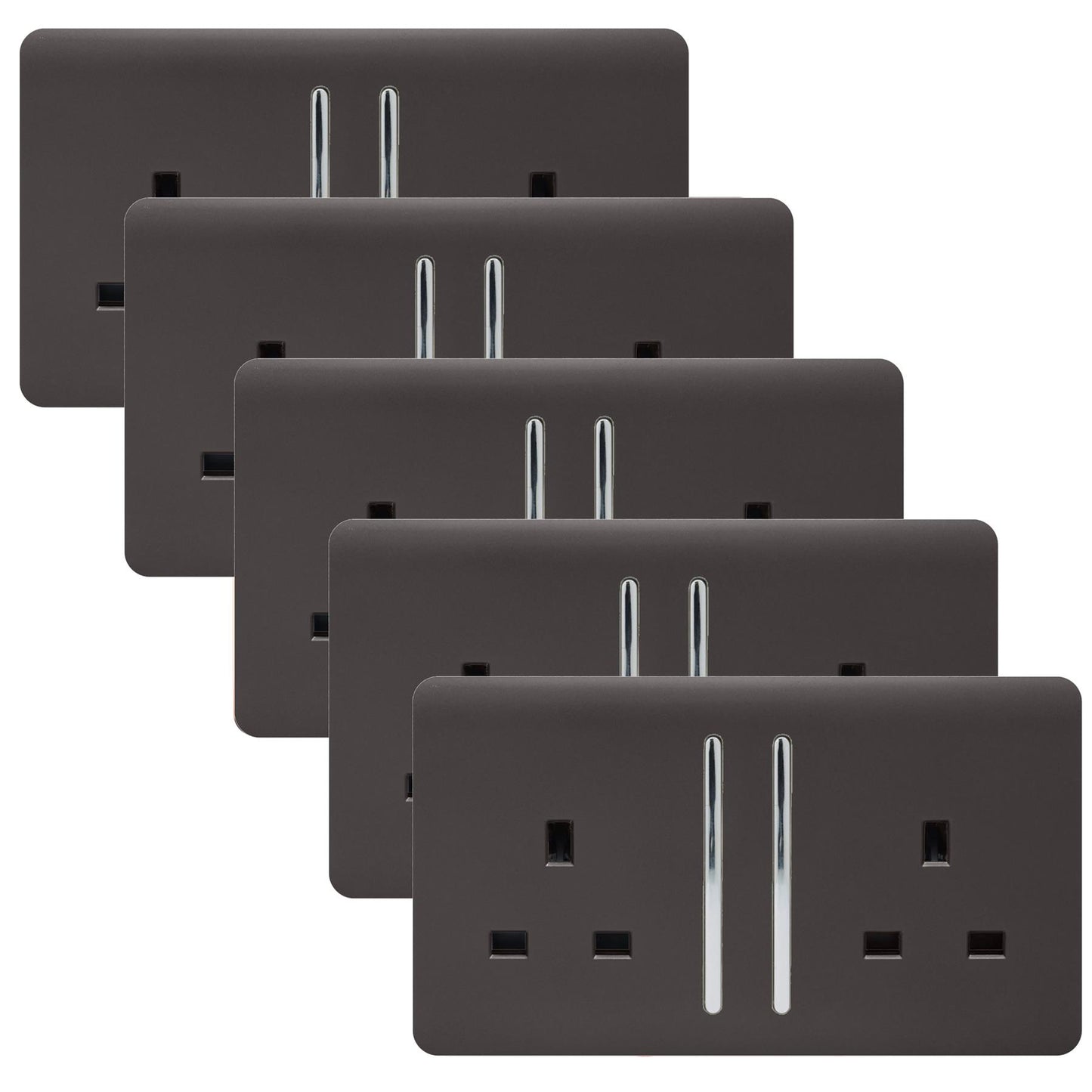 Trendi 2 Gang Artistic Modern Glossy 13 Amp Switched Tactile Plug Socket Dark Brown (5 Pack)