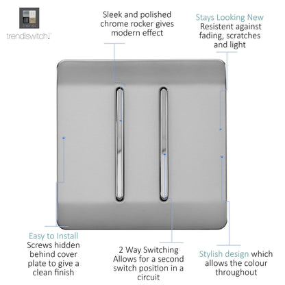 Trendi 2 Gang 2 Way Artistic Modern Glossy 10 Amp Rocker Tactile Light Switch Stainless Steel