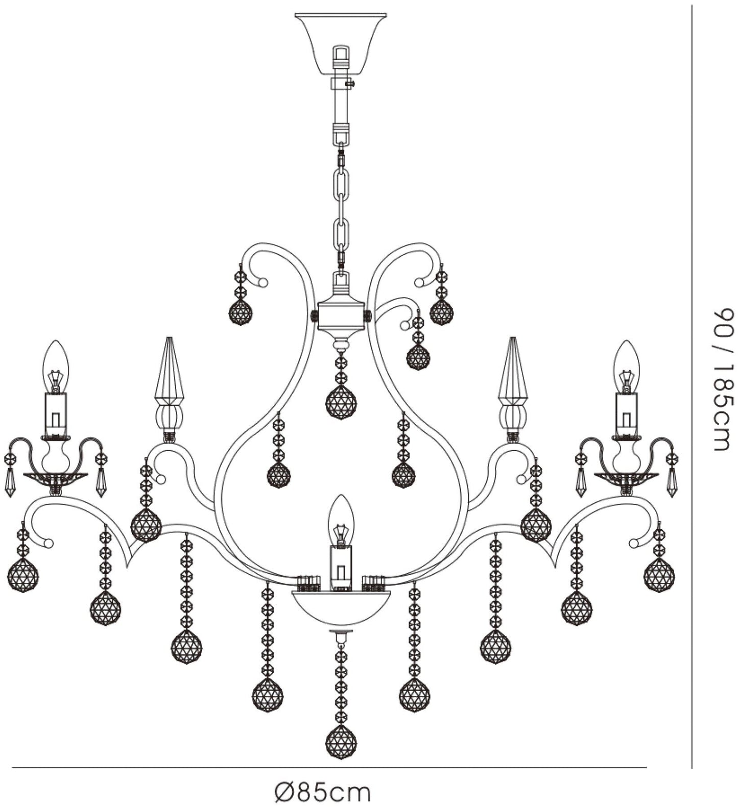 Diyas Pescara 85cm  Round 9 Light E14 Black Chrome/Crystal Ceiling Pendant Light Fitting