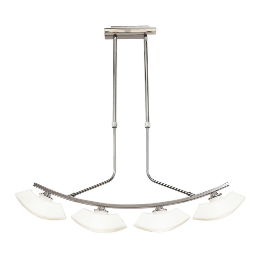 Mantra Lupa Telescopic Pendant Curved Linear Bar 4 Light G9, Polished Chrome/Frosted White Glass
