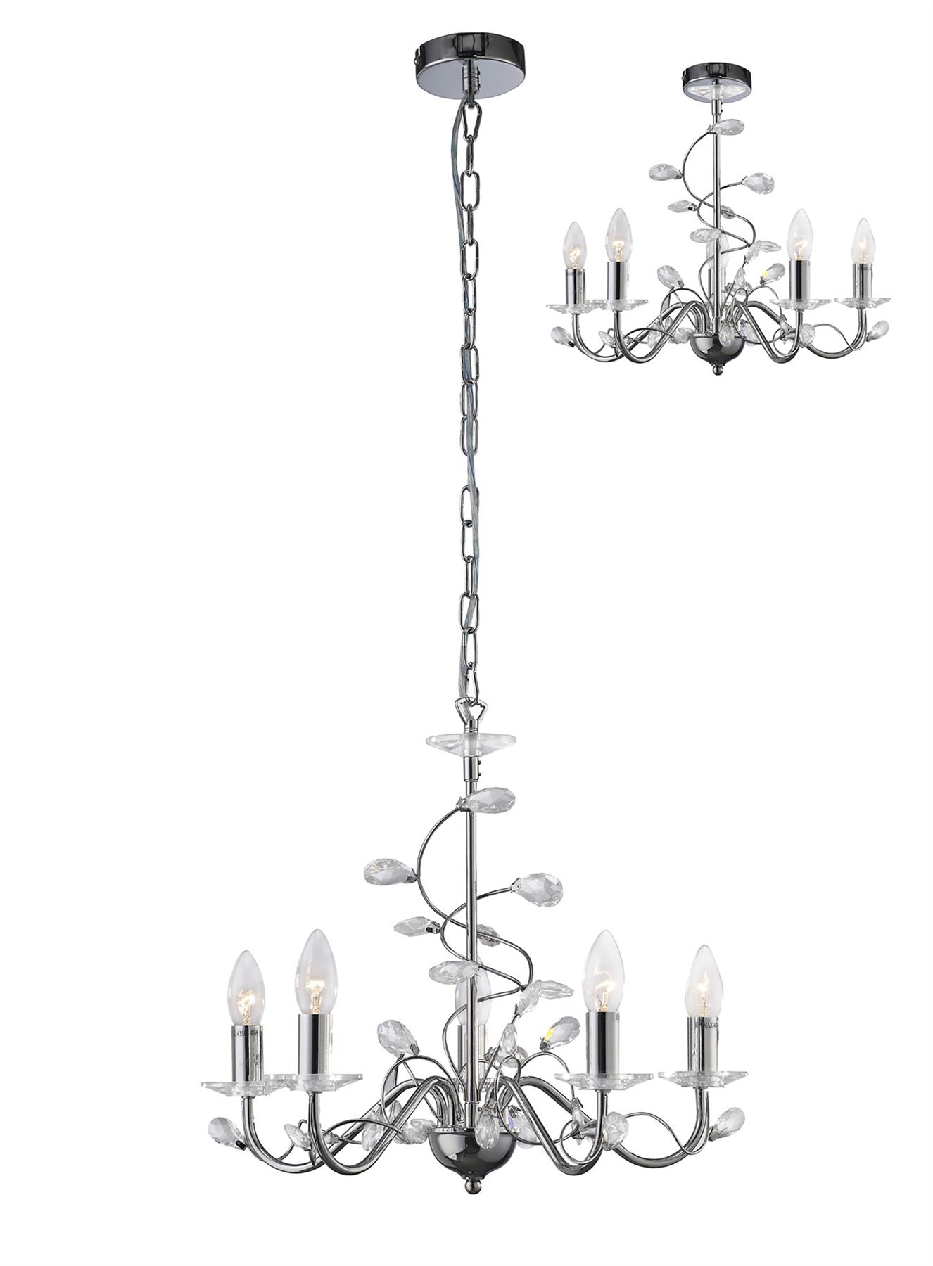 Diyas Willow 50cm  WITHOUT SHADE 5 Light E14 Polished Chrome/Crystal Ceiling Pendant Light Fitting
