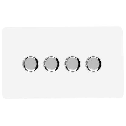 Trendi 4 Gang 2 Way 240V 100w LED Dimmer Screwless Raised Front Plate Plastic Artistic Modern Glossy 10 Amp Chrome Single Electrical Wall Light Switch in Ice White - ART-4LDMWH