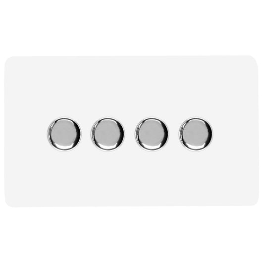 Trendi 4 Gang 2 Way 240V 100w LED Dimmer Screwless Raised Front Plate Plastic Artistic Modern Glossy 10 Amp Chrome Single Electrical Wall Light Switch in Ice White - ART-4LDMWH